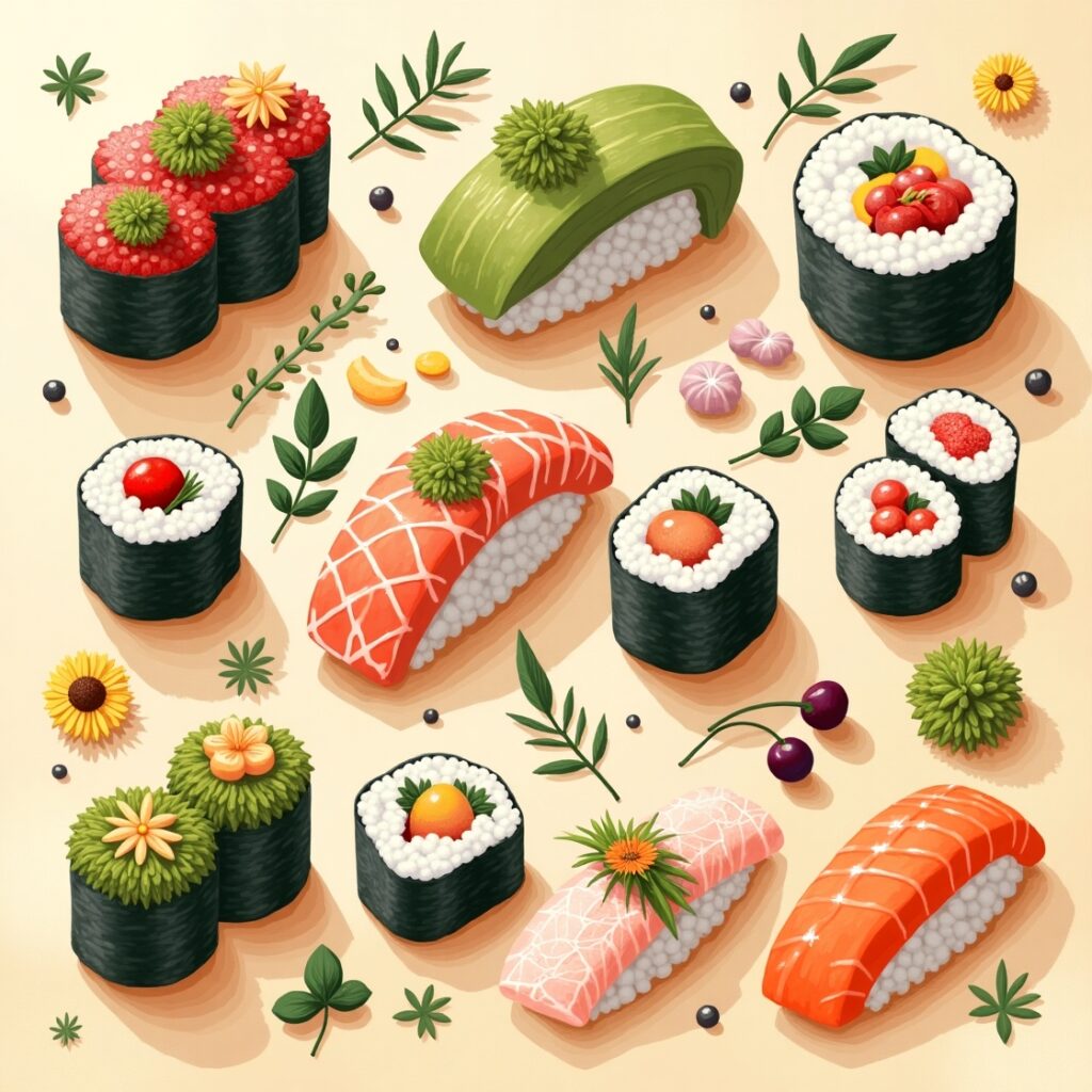 Vegan Sushi Recipes That Score Big: Irresistible Plant-Powered Rolls! 2 Grilled teriyaki-glazed king oyster mushroom nigiri on sushi rice, wrapped with nori strips.