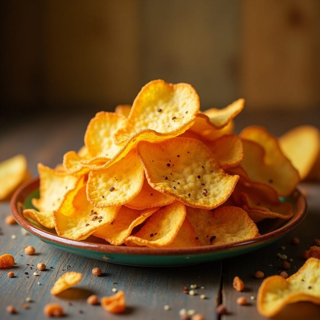 Homemade potato chips in a rustic bowl with seasoning options like salt, paprika, and herbs.