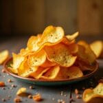 Homemade potato chips in a rustic bowl with seasoning options like salt, paprika, and herbs.