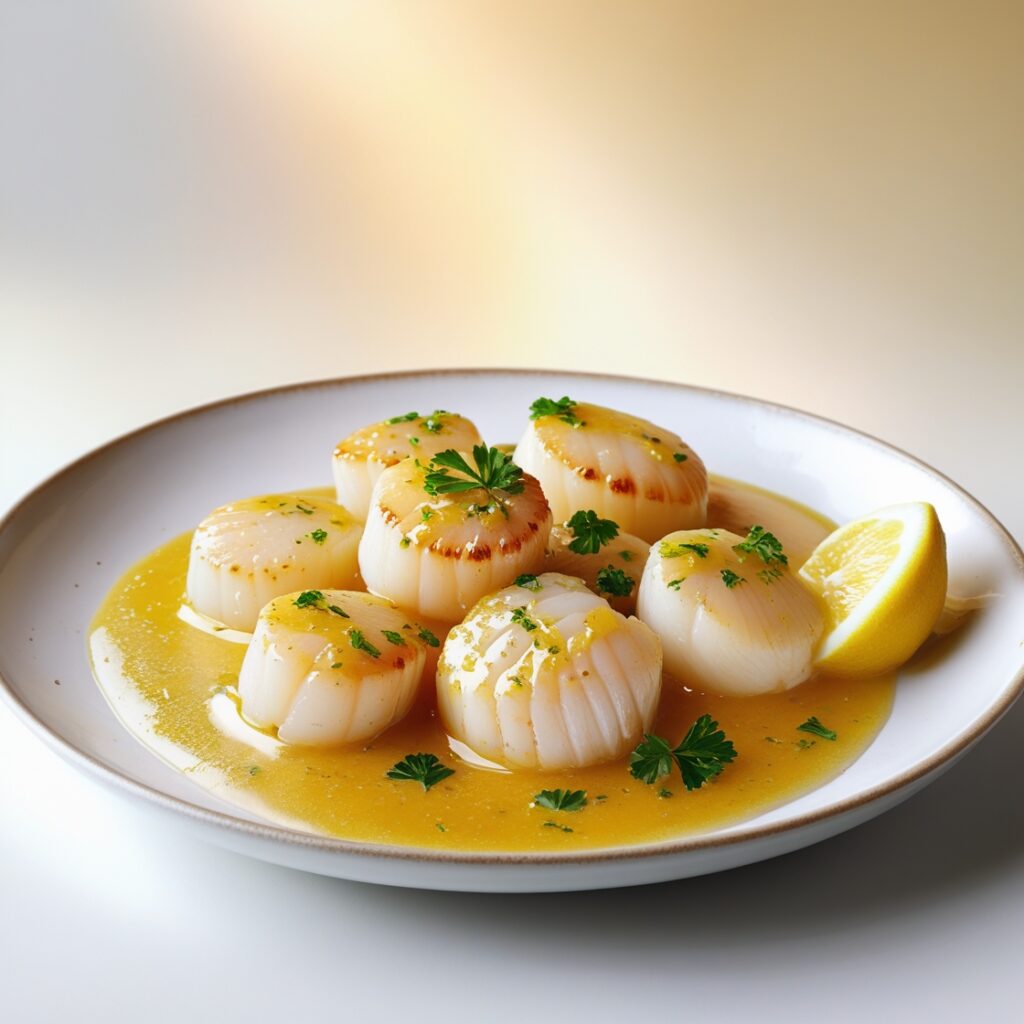 3 Sizzling Garlic Butter Scallops Recipes 3 Perfectly seared scallops with golden crust in a skillet, glazed with garlic butter sauce, drizzled with lemon juice, and garnished with chopped parsley on a wooden table.