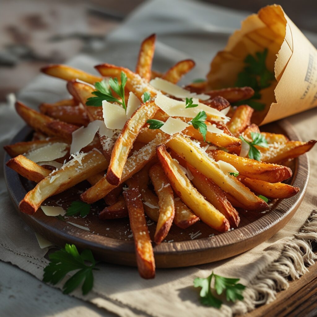 3 Irresistible Truffle Parmesan Fries Recipes 1 Homemade baked russet potato fries with crispy edges and fluffy centers, drizzled with truffle oil, sprinkled with Parmesan cheese, and garnished with parsley and lemon wedges.