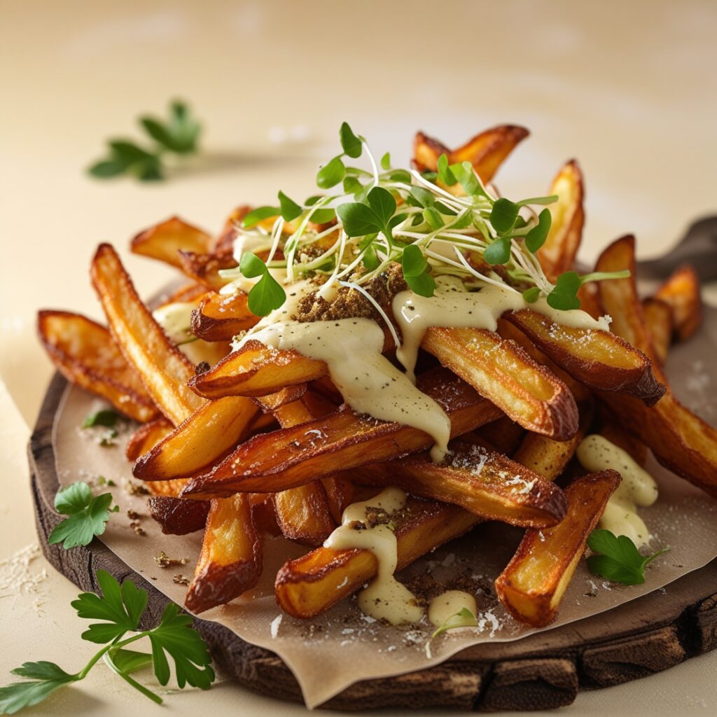 3 Irresistible Truffle Parmesan Fries Recipes 2 Crinkle-cut air-fried truffle fries with a golden crust in a wire basket, sprinkled with grated Parmesan and fresh herbs, served with a side of garlic aioli dipping sauce.