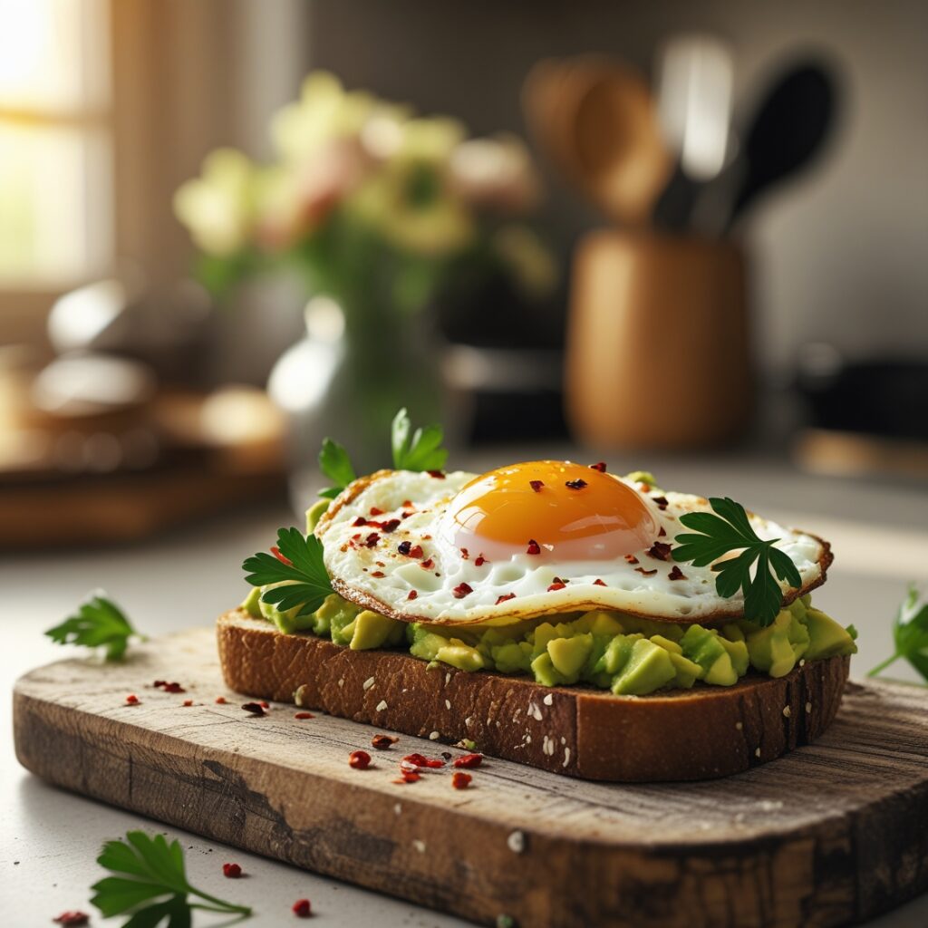 Healthy Breakfast Recipes: Energizing Morning Meals to Fuel Your Day! 2 Creamy avocado and a perfectly fried egg on whole-grain toast, garnished with chili flakes and lemon.