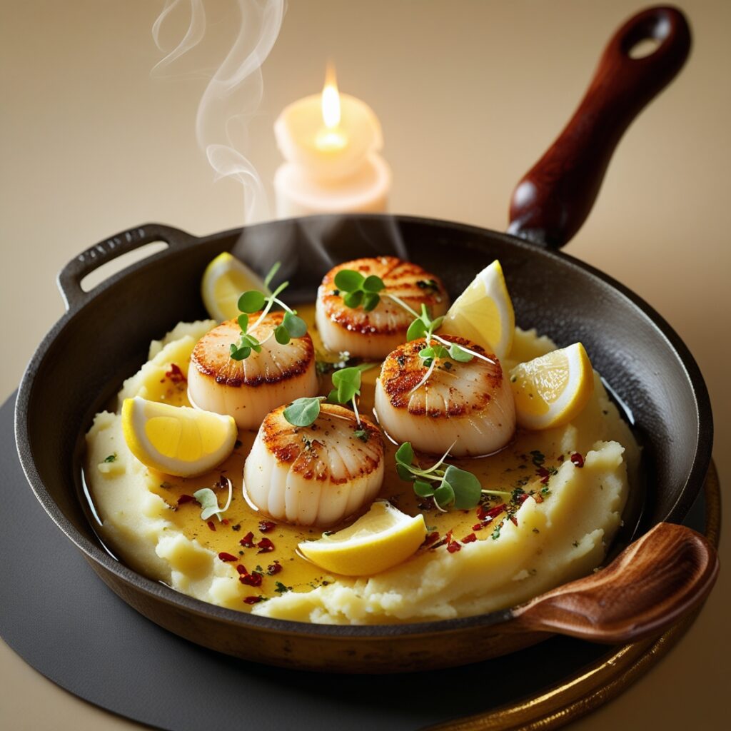 Tender garlic butter scallops served on a white plate with roasted asparagus and lemon slices, drizzled with buttery sauce and sprinkled with fresh herbs.