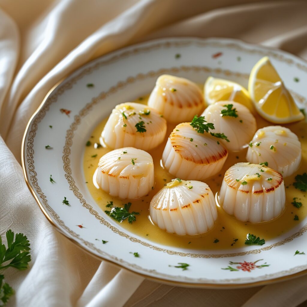 3 Sizzling Garlic Butter Scallops Recipes 2 Golden-brown baked scallops in a ceramic dish, coated in garlic butter and topped with crispy Parmesan-breadcrumb crust, garnished with fresh parsley and lemon wedges.