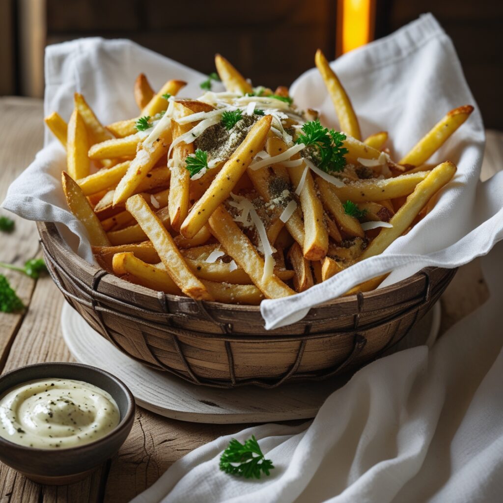 3 Irresistible Truffle Parmesan Fries Recipes 3 Golden crispy truffle fries topped with melted cheese, crispy bacon bits, green onions, and dollops of sour cream in a rustic cast-iron skillet, garnished with fresh parsley.