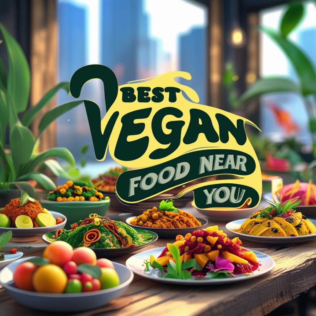 Modern vegan restaurant interior with green plants, wooden tables, and a chalkboard menu in las vegas.