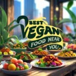 Modern vegan restaurant interior with green plants, wooden tables, and a chalkboard menu in las vegas.