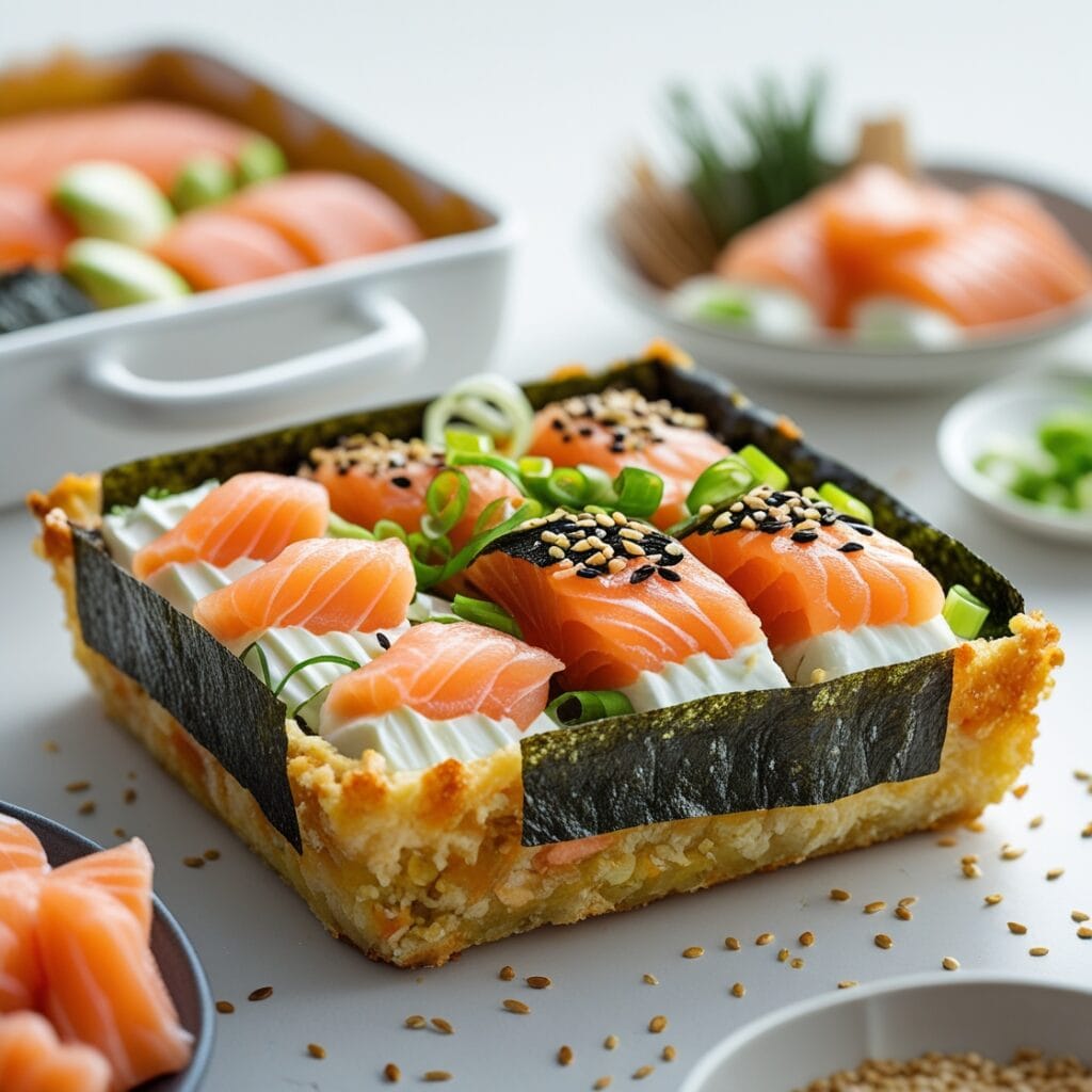 Layered sushi bake casserole with creamy crab, melted cheese, and crispy nori strips in a ceramic dish | Easy baked sushi recipe for parties
