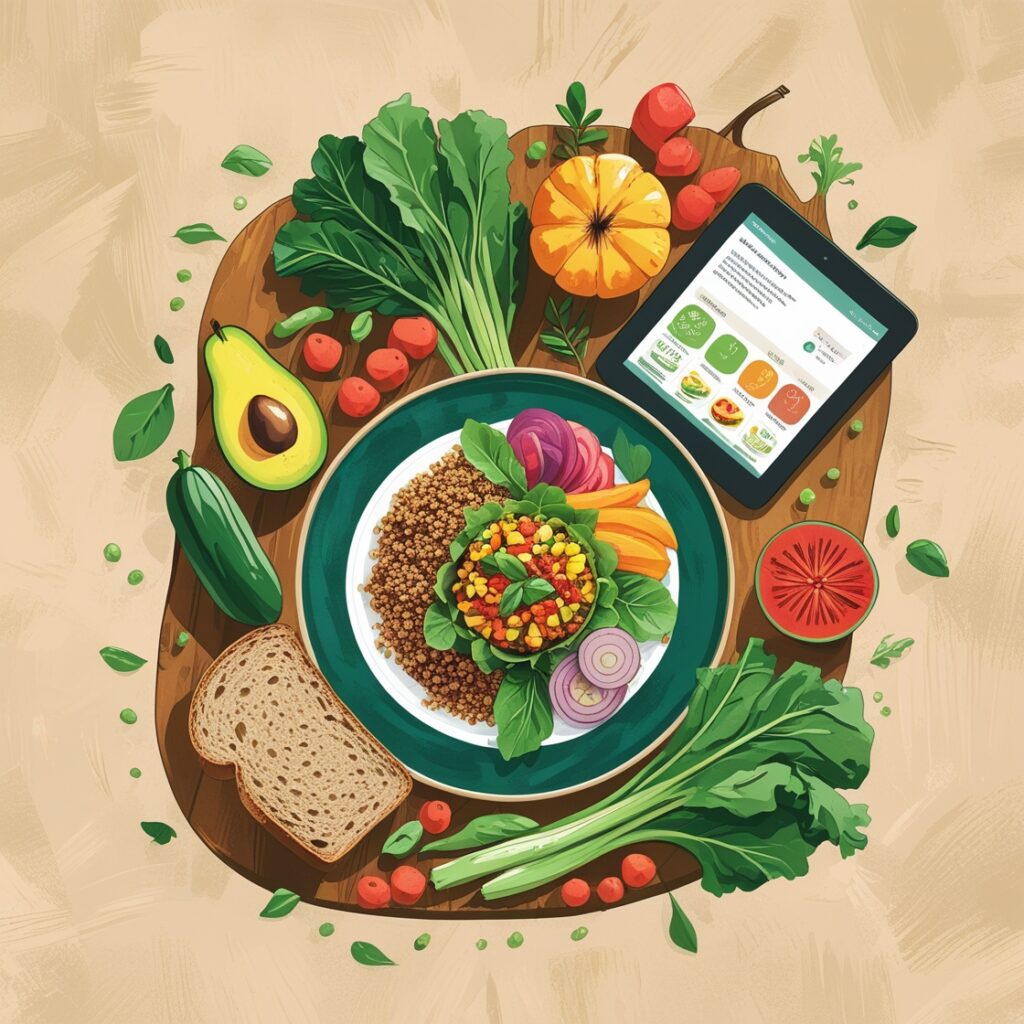 A vibrant and healthy illustration of a vegan diet meal plan, set against a warm and inviting beige background, with a subtle texture resembling a wooden cutting board.