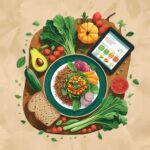 A vibrant and healthy illustration of a vegan diet meal plan, set against a warm and inviting beige background, with a subtle texture resembling a wooden cutting board.