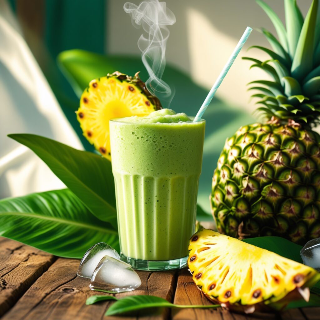 Easy Frozen Fruit Smoothie Pack Recipes 2 Vibrant green smoothie in a tall glass with mango chunks, pineapple slices, and coconut flakes, garnished with fresh mint leaves on a bamboo tray.