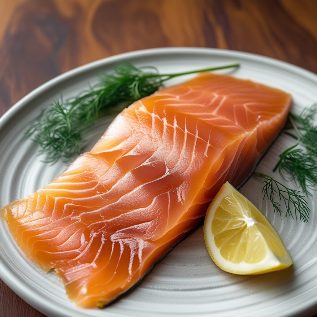 Decadent Smoked Salmon & Dill Canapés Recipes 2 A plate of food featuring a slice of smoked salmon garnished with lemon, complemented by orange and other ingredients