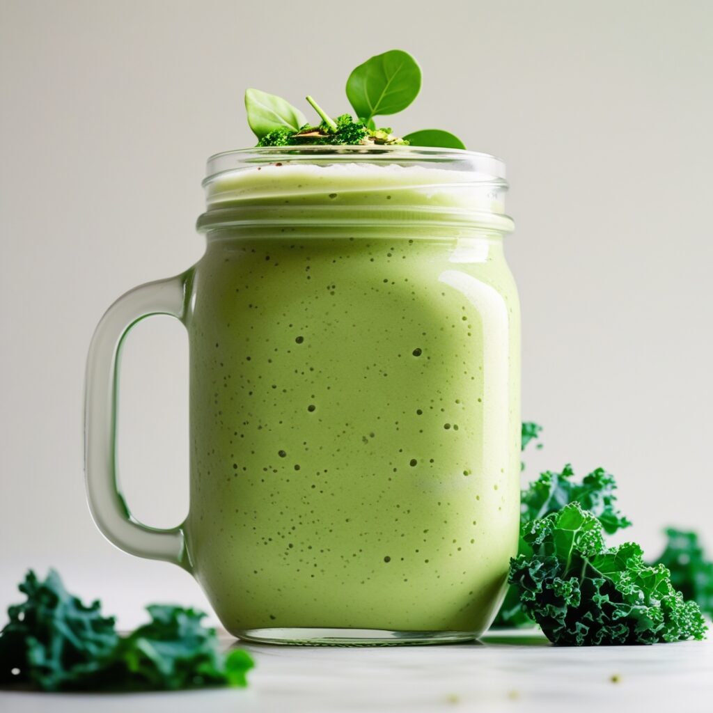 Easy Frozen Fruit Smoothie Pack Recipes 4 Creamy Avocado & Vibrant green smoothie in a mason jar with avocado, kale, banana, and almond milk, topped with chia seeds and a lemon slice on a rustic wooden table.