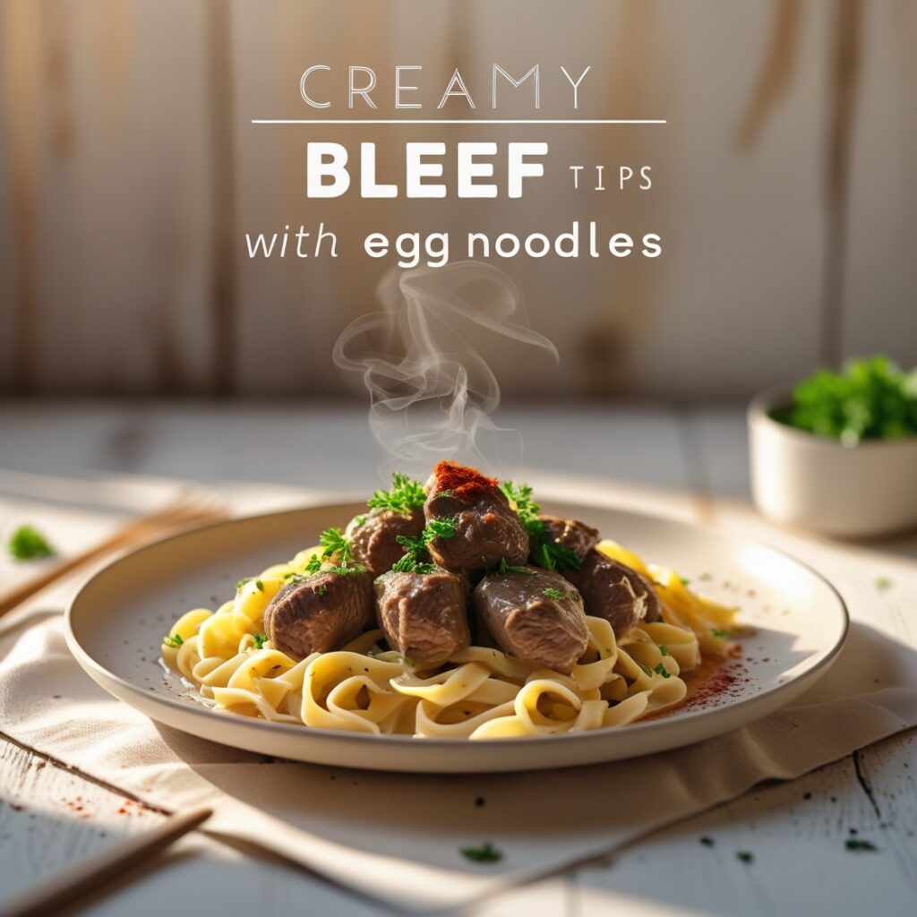 Imagine a warm, comforting bowl of creamy beef tips with egg noodles. It’s a homemade recipe perfect for a family dinner.