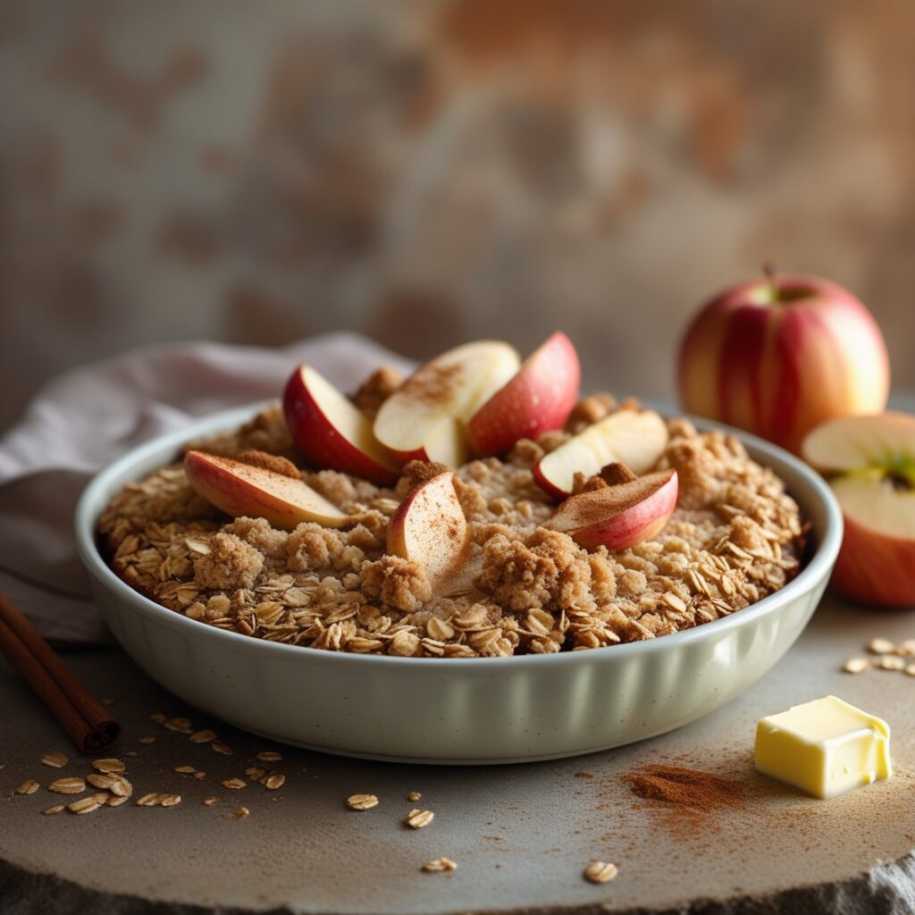 A warm and inviting still life of a freshly baked healthy apple crumble