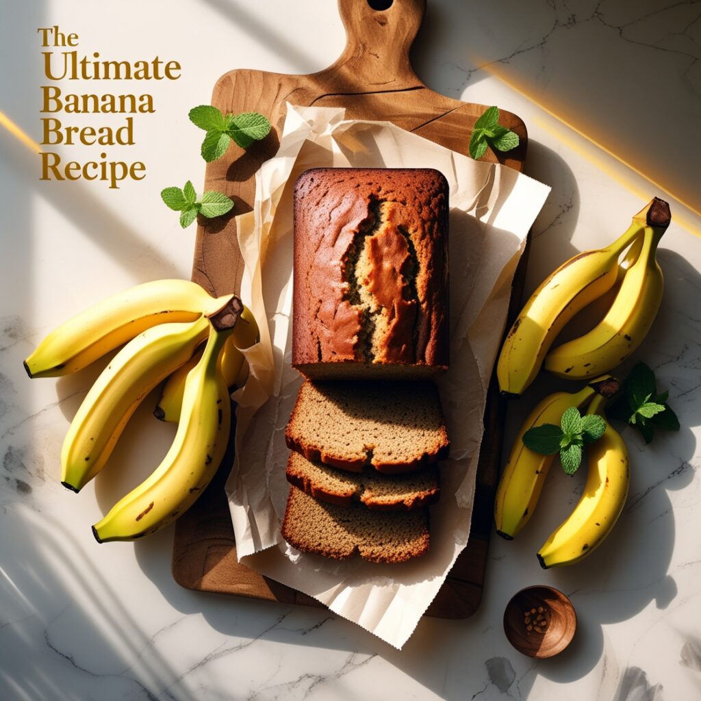 A freshly baked loaf of banana bread, golden brown with a slightly cracked top, sliced to reveal its moist, fluffy interior filled with ripe banana pieces. The bread is placed on a wooden cutting board, surrounded by a few scattered walnuts and a small bowl of ripe bananas