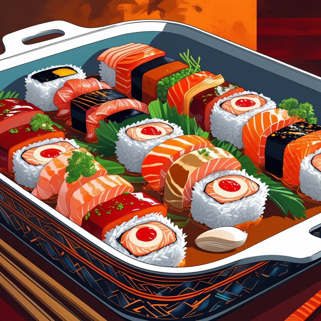 Golden-baked homemade sushi bake layered with seasoned rice, crab mix, creamy mayo, melted cheese, and topped with avocado slices, nori strips, and sesame seeds in a ceramic dish.