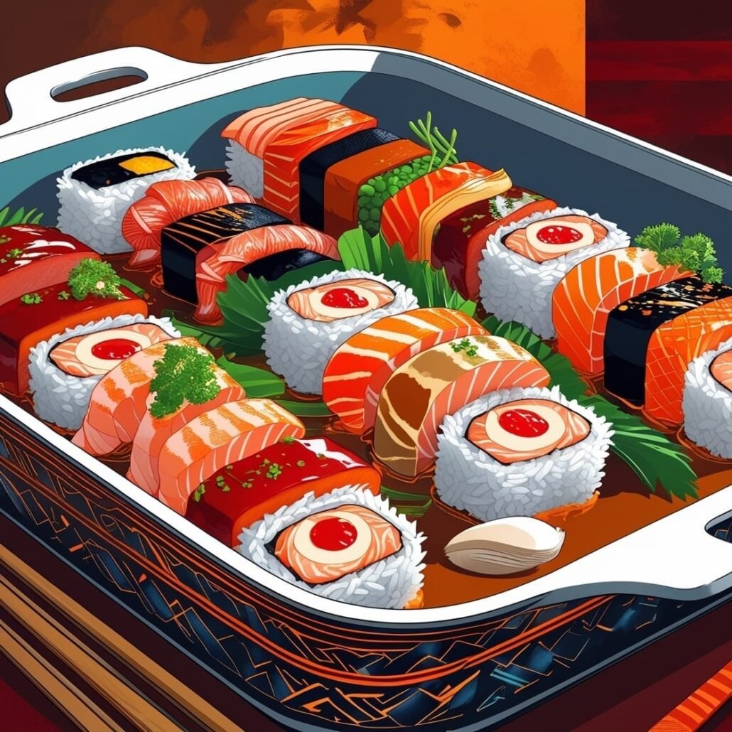 Golden-baked homemade sushi bake layered with seasoned rice, crab mix, creamy mayo, melted cheese, and topped with avocado slices, nori strips, and sesame seeds in a ceramic dish.