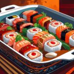Golden-baked homemade sushi bake layered with seasoned rice, crab mix, creamy mayo, melted cheese, and topped with avocado slices, nori strips, and sesame seeds in a ceramic dish.