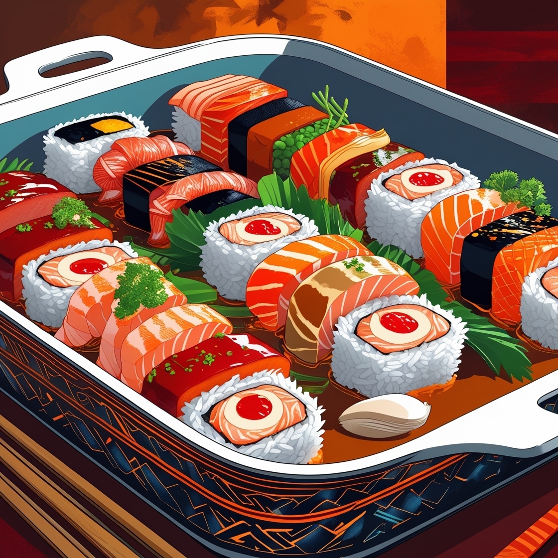 Golden-baked homemade sushi bake layered with seasoned rice, crab mix, creamy mayo, melted cheese, and topped with avocado slices, nori strips, and sesame seeds in a ceramic dish.