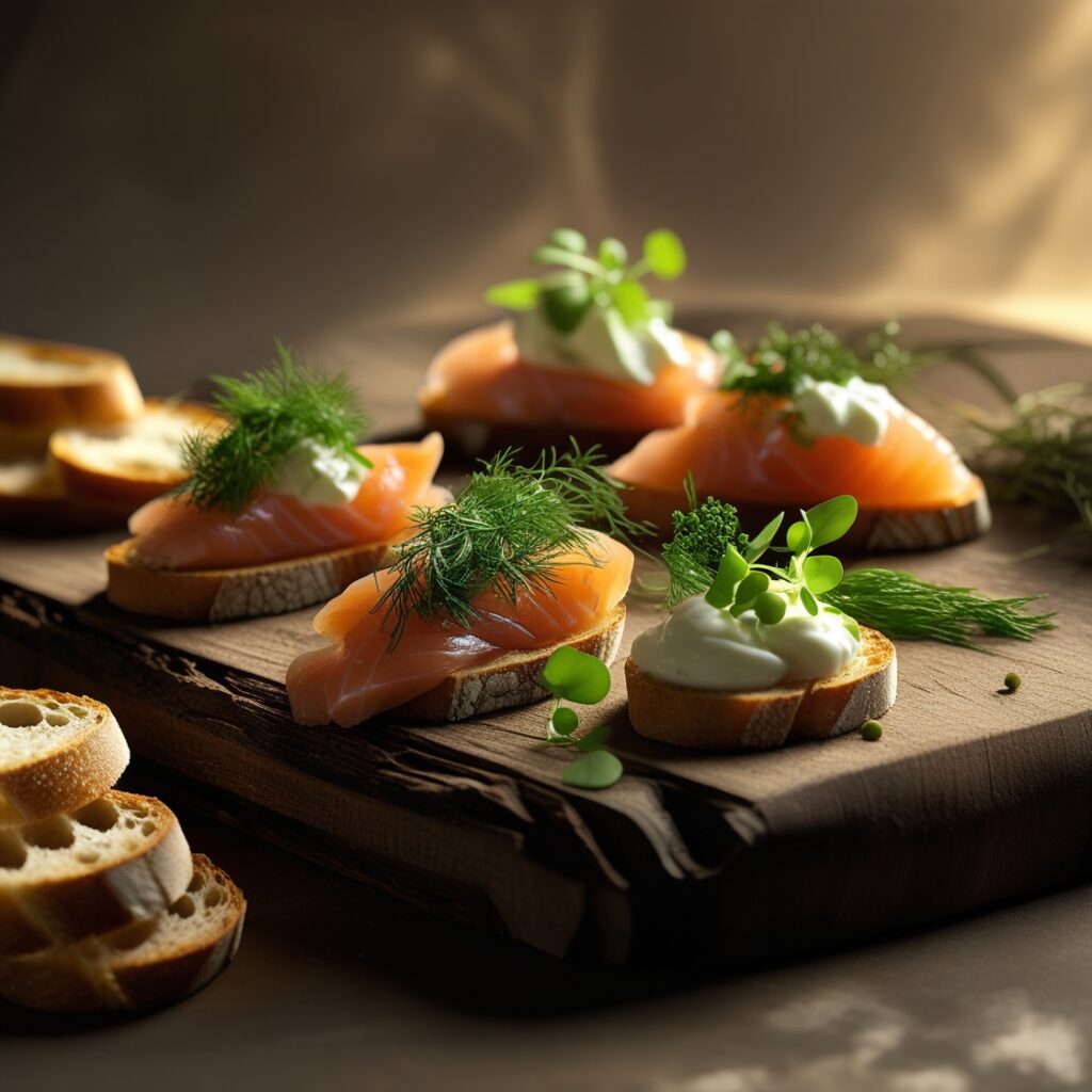 Sophisticated and new, toasted baguette triangles with cream cheese, smoked salmon, capers, and dill for a mouthwatering starter.