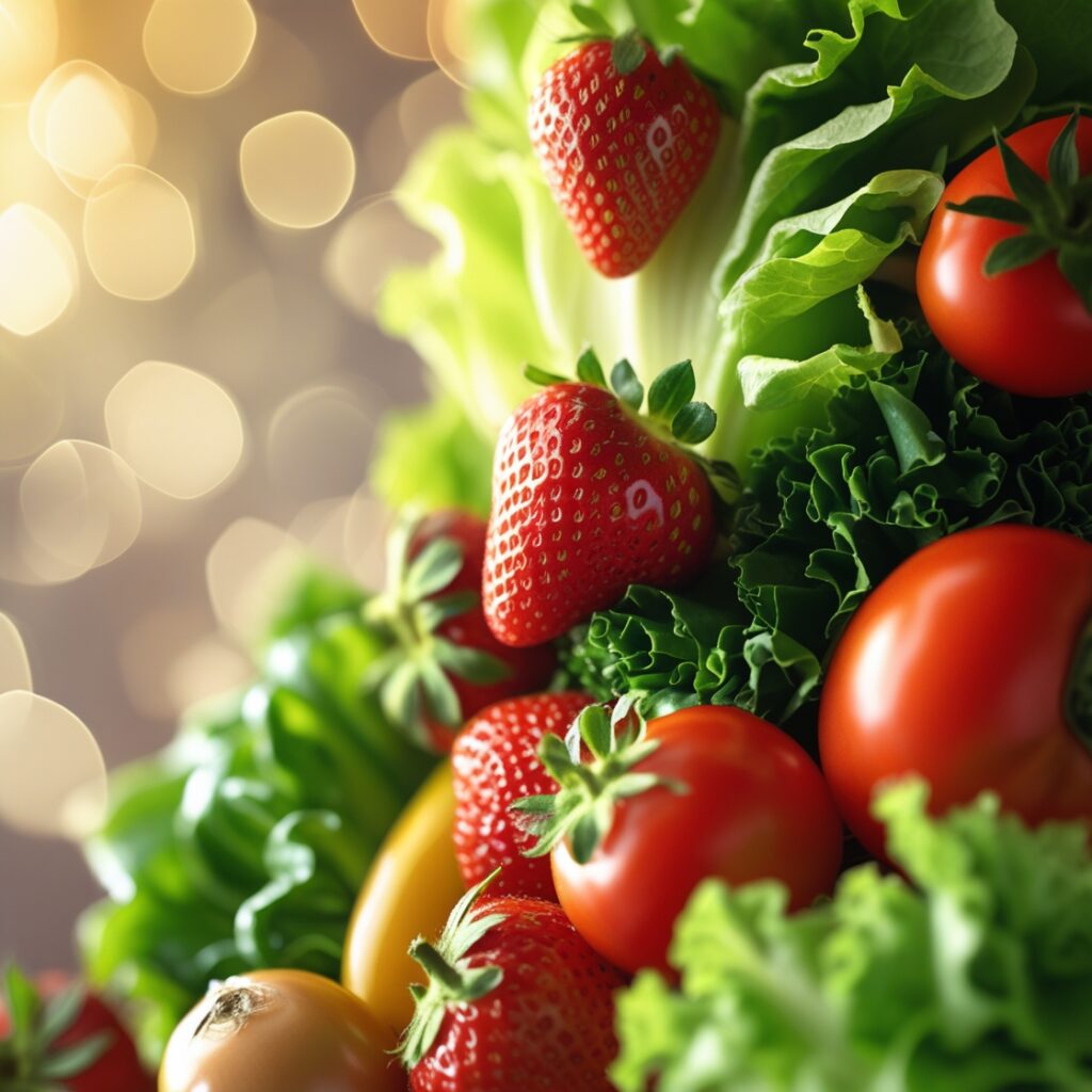 What to Eat on a Vegan Diet: 7-Day Meal Plan for Beginners 2 Assorted fresh fruits and vegetables arranged on a market table, including strawberries, leafy greens, bell peppers, citrus, and avocados, with natural sunlight highlighting their vibrant colors.