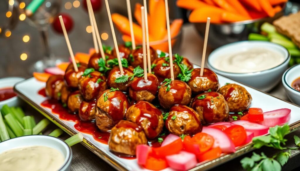 Delicious Meatball Appetizer Recipe: Perfect for Parties 2 Juicy Italian meatballs simmered in marinara sauce, garnished with fresh basil and Parmesan cheese.