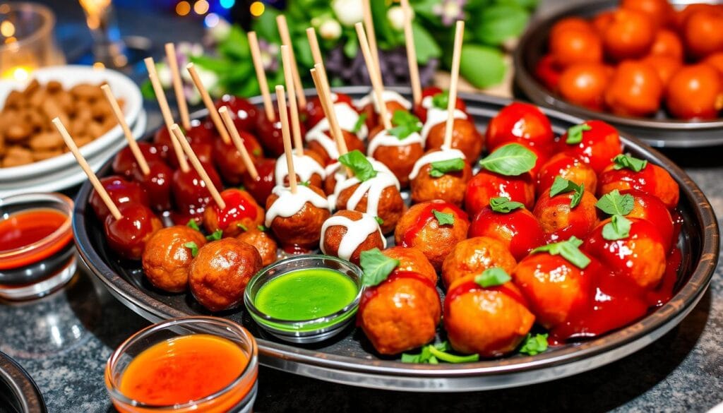 Delicious Meatball Appetizer Recipe: Perfect for Parties 4 Golden-brown lentil meatballs with fresh herbs, served with creamy yogurt dipping sauce.