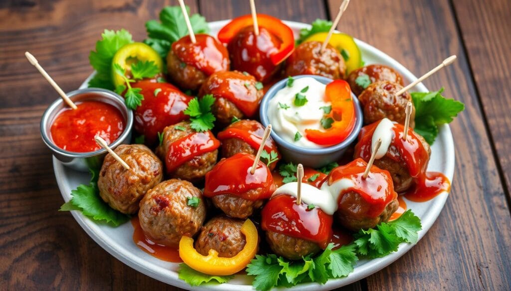 Delicious Meatball Appetizer Recipe: Perfect for Parties 3 Sticky Asian-glazed meatballs topped with sesame seeds and green onions on a bamboo skewer.
