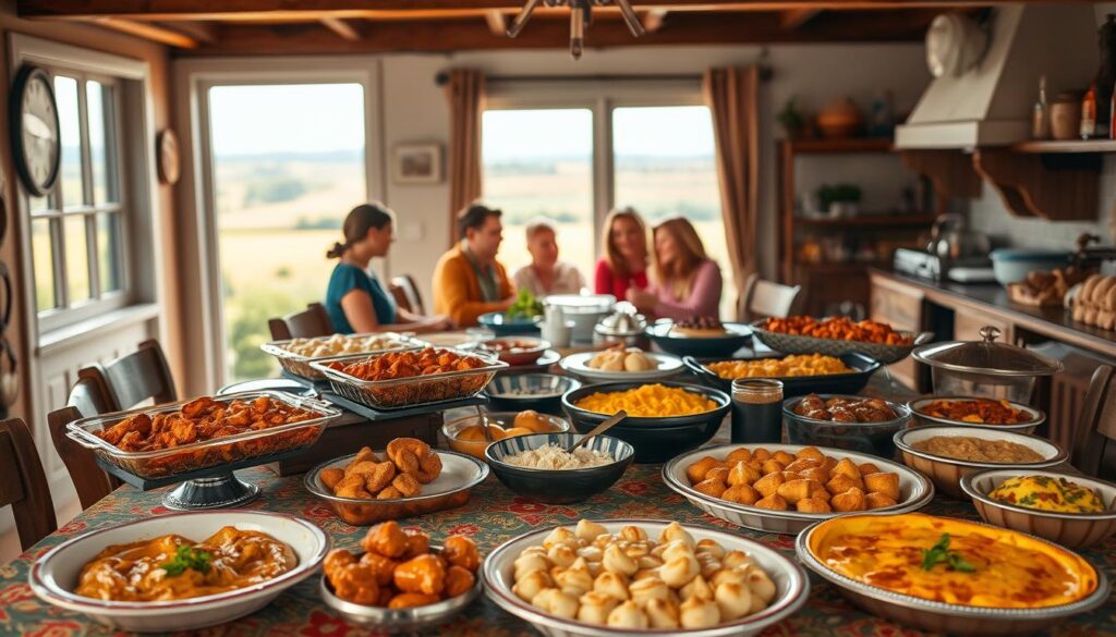 A vibrant family-style dining table with a rustic bread basket, roasted herb chicken, seasonal vegetables, creamy mashed potatoes, and a colorful salad, styled for a cozy Taste of Home meal.