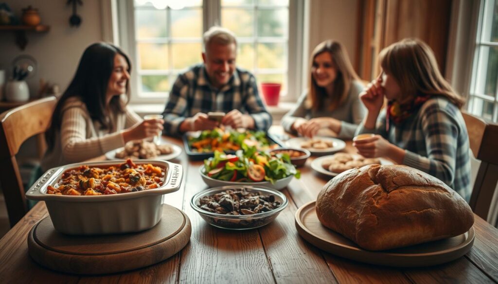 Taste of Home Recipes: Delicious Meals for Every Occasion 4 A vibrant family-style dining table with a rustic bread basket, roasted herb chicken, seasonal vegetables, creamy mashed potatoes, and a colorful salad, styled for a cozy Taste of Home meal.