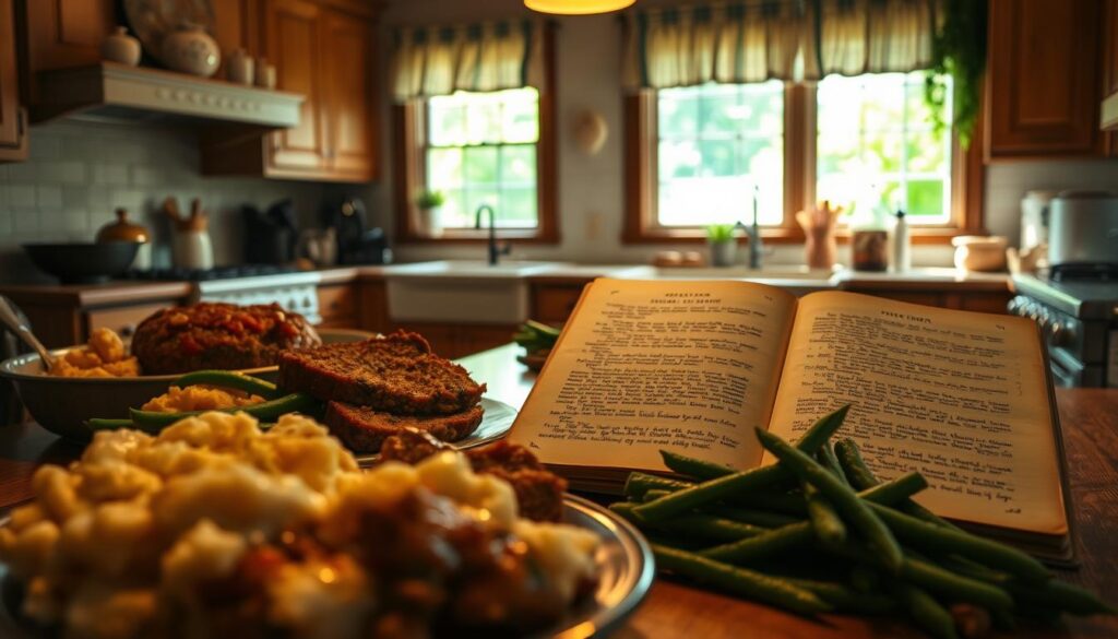 Taste of Home Recipes: Delicious Meals for Every Occasion 3 A vibrant family-style dining table with a rustic bread basket, roasted herb chicken, seasonal vegetables, creamy mashed potatoes,