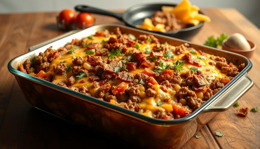 Delicious Cowboy Casserole Recipe: Easy Weeknight Meal 3 Repeat this process until all ingredients are used up. Finish with a layer of cheese on top. Cover the dish with aluminum foil and bake for 25-30 minutes