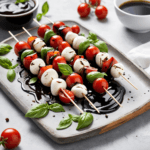 Colorful Caprese skewers with cherry tomatoes, fresh basil, and mini mozzarella balls drizzled with balsamic glaze on a white platter.