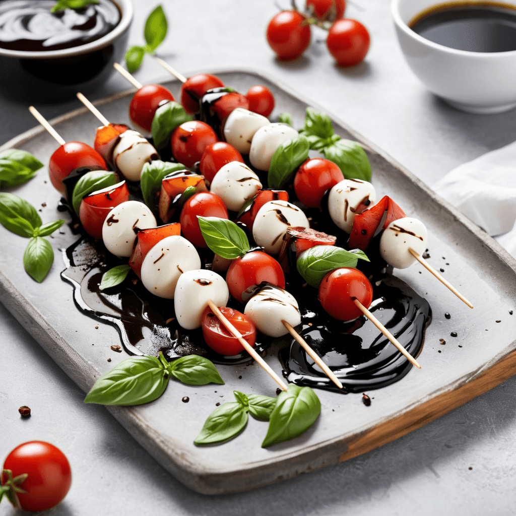 Colorful Caprese skewers with cherry tomatoes, fresh basil, and mini mozzarella balls drizzled with balsamic glaze on a white platter.