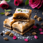 Layered phyllo pastry baklava with dark chocolate and walnuts, glazed with rose-infused honey syrup and edible rose petals