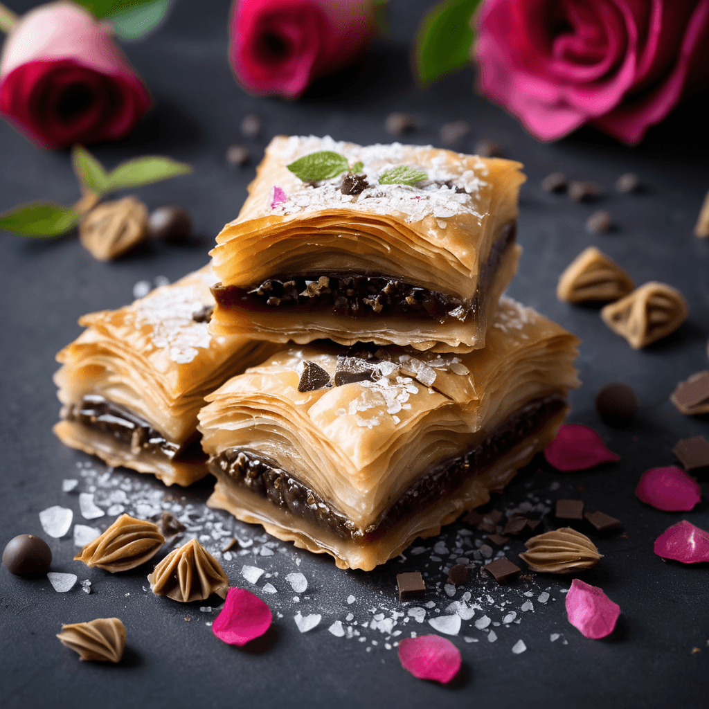 Layered phyllo pastry baklava with dark chocolate and walnuts, glazed with rose-infused honey syrup and edible rose petals