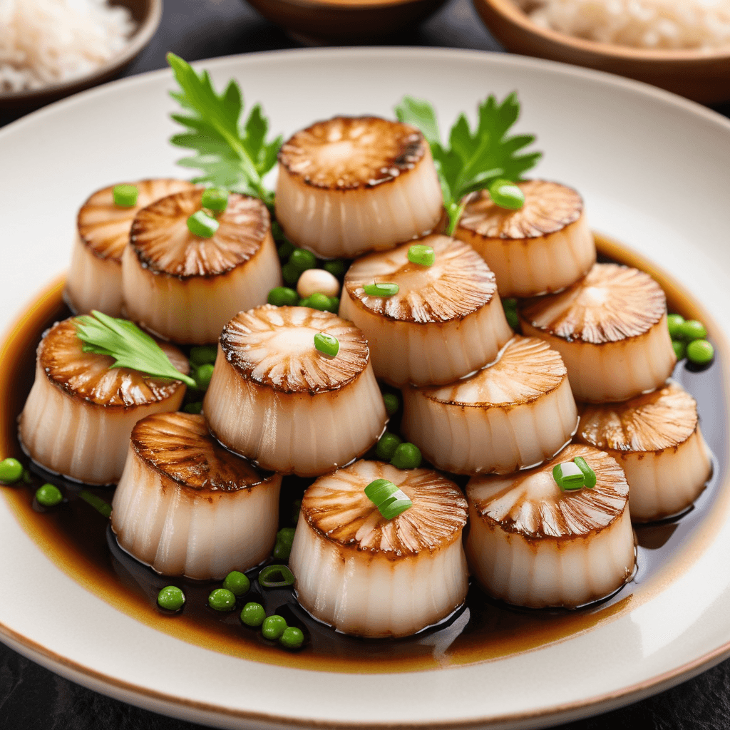 Fresh scallops marinating in a shallow bowl with soy sauce, minced garlic, grated ginger, and green onions, surrounded by lime wedges and sesame seeds.