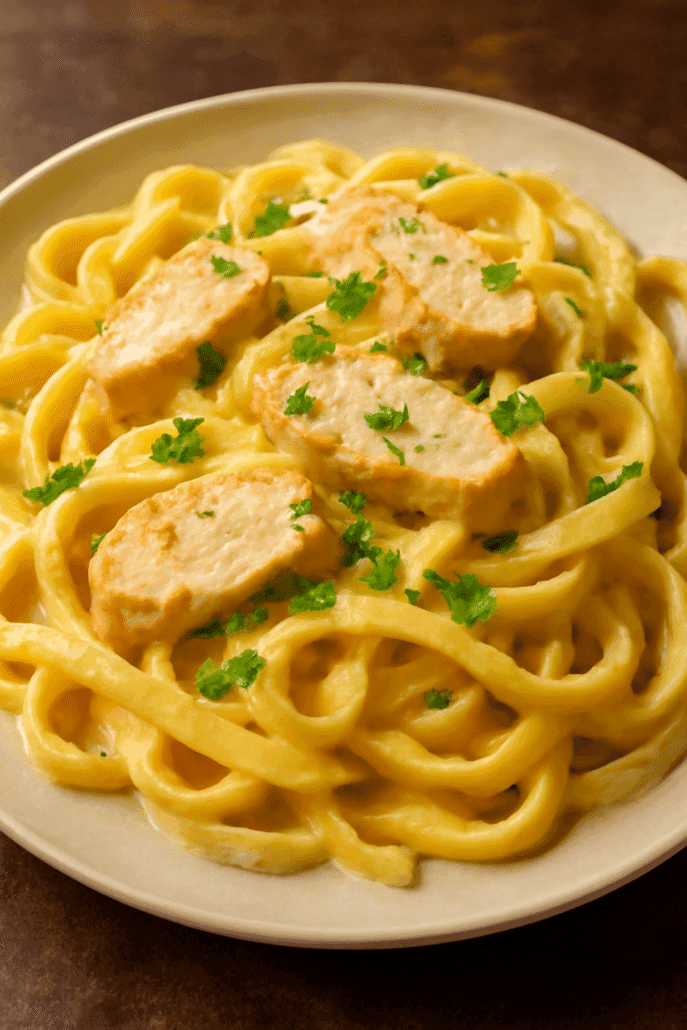 ChatGPT a dit : The image features a close-up shot of a creamy Chicken Fettuccine Alfredo on a plate. The smooth, golden sauce coats the fettuccine noodles, while tender slices of seared chicken breast are placed on top.