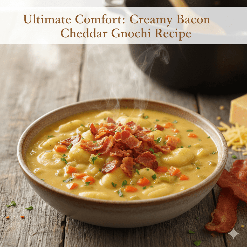 A warm bowl of creamy gnocchi topped with crispy bacon and fresh herbs, set on a rustic wooden surface with additional ingredients in the background.