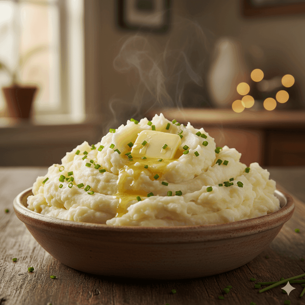 A close-up of steaming, creamy mashed potatoes topped with a pat of butter and sprinkled with fresh chives, served in a rustic bowl.