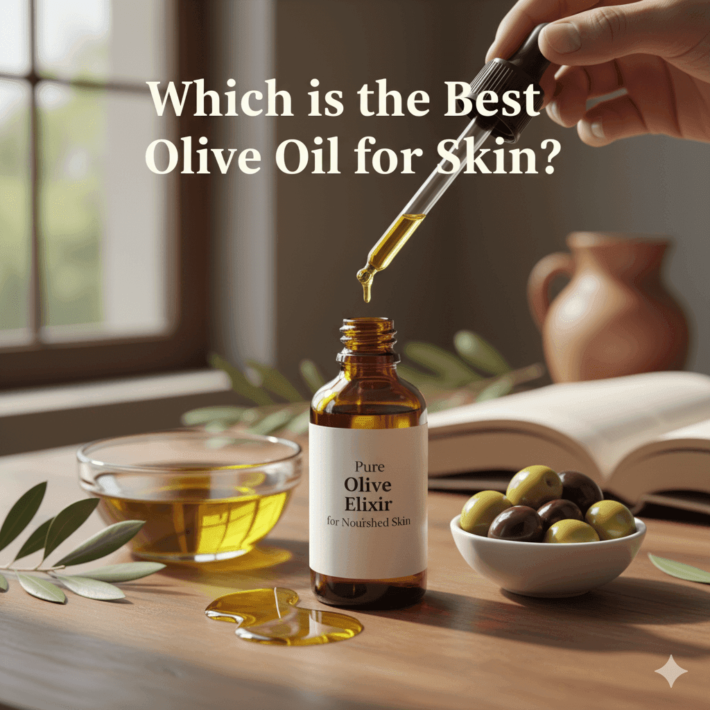 A bottle of pure olive oil elixir being dripped into a bowl, with olives and a book nearby, set in a cozy, well-lit environment.