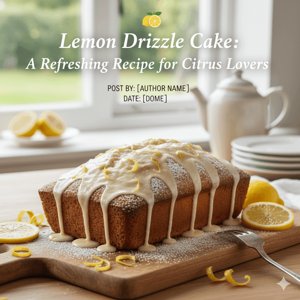 A beautifully presented lemon drizzle cake with a glossy icing, garnished with lemon zest, set on a wooden cutting board with lemon slices in the background.