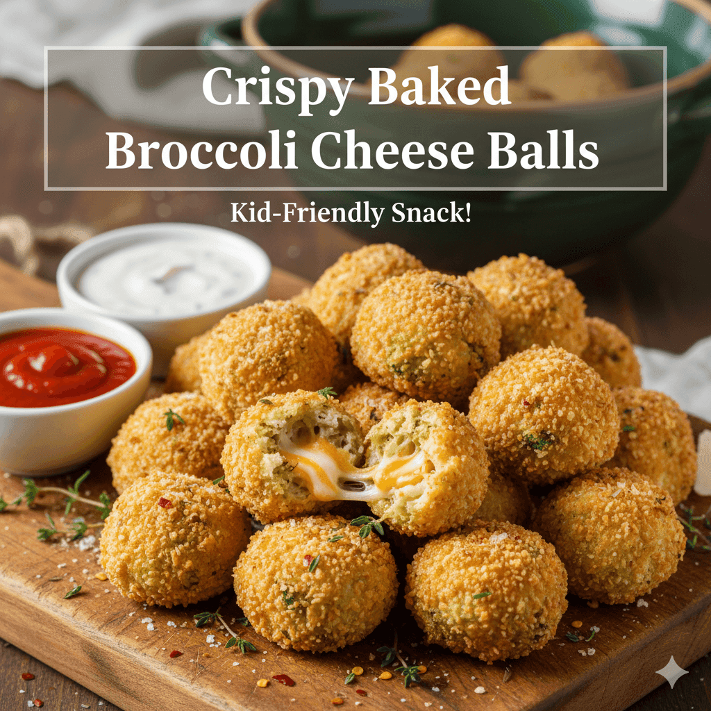 Delicious golden-brown broccoli cheese balls served with dipping sauces, showcasing a gooey cheese center, perfect for kids.