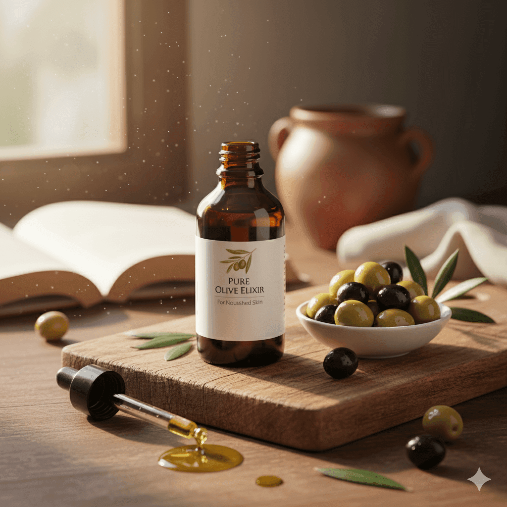 A bottle of Pure Olive Elixir with an olive and oil drop on a wooden surface, surrounded by olives and a pottery jar, set against a soft, natural light background.