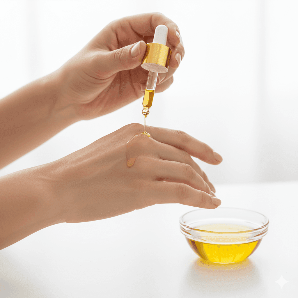 A hand applying yellow oil from a dropper onto the skin, with a glass bowl of oil in the background.