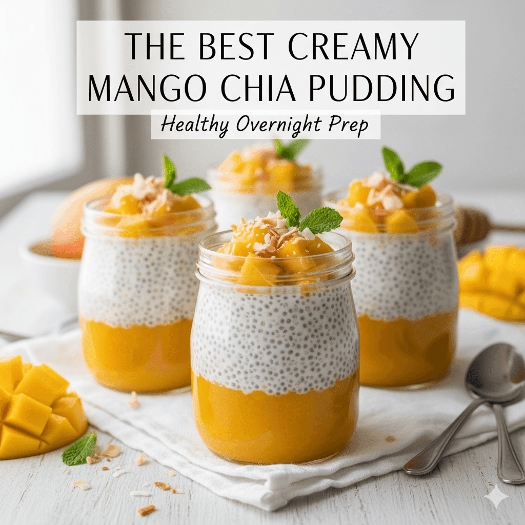 A delicious and visually appealing display of creamy mango chia pudding in glass jars, topped with fresh mango, coconut flakes, and mint leaves, showcasing a healthy breakfast option.