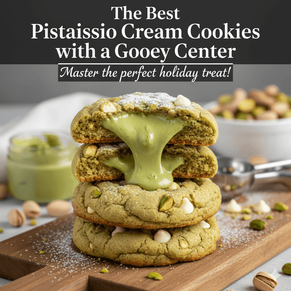 A stacked arrangement of pistachio cream cookies with a gooey green center, dusted with powdered sugar and surrounded by pistachios and a jar of cream, on a wooden board.