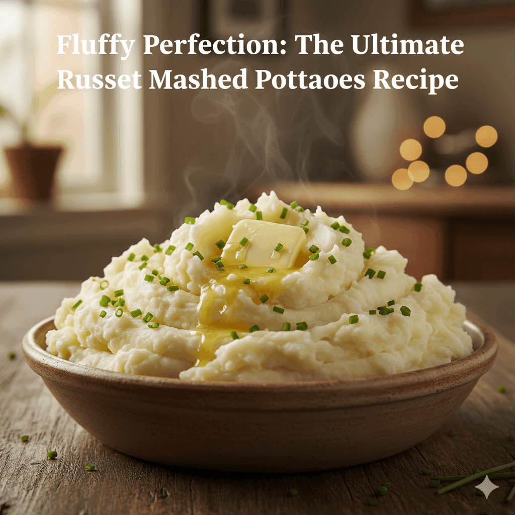 A close-up of creamy, fluffy mashed potatoes topped with a pat of butter and fresh chives, served in a rustic bowl with steam rising in a warm kitchen setting.